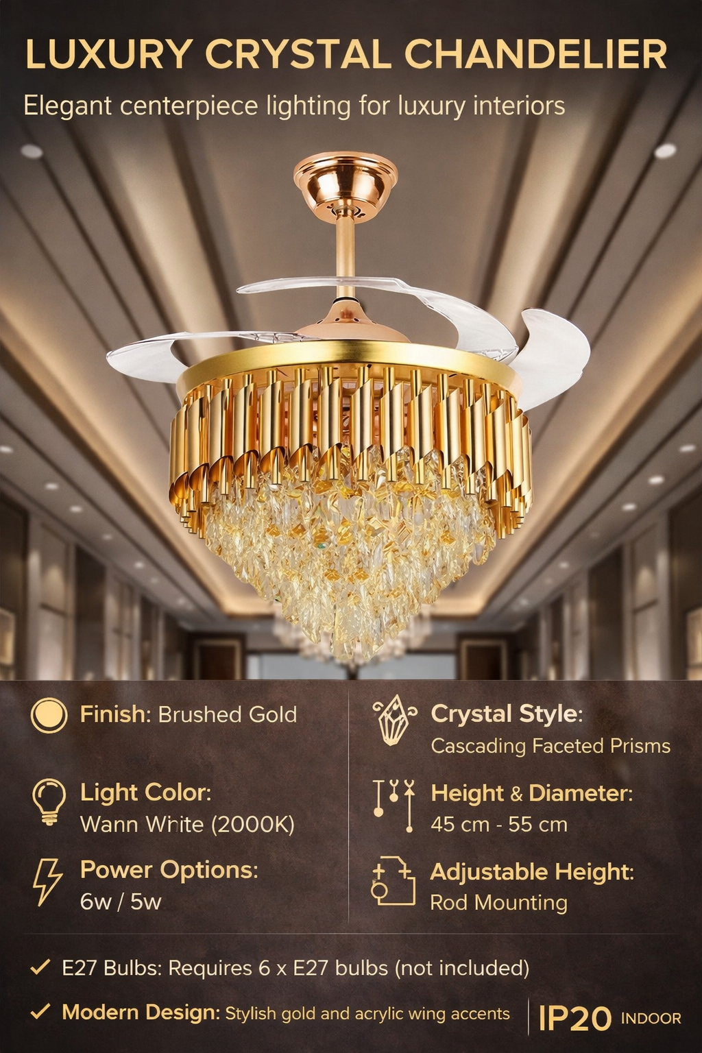 Luxury Fan Chandelier With Crystals