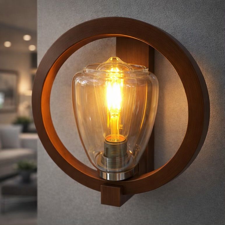 Modern Wooden Ring Wall Light With Glass Shade