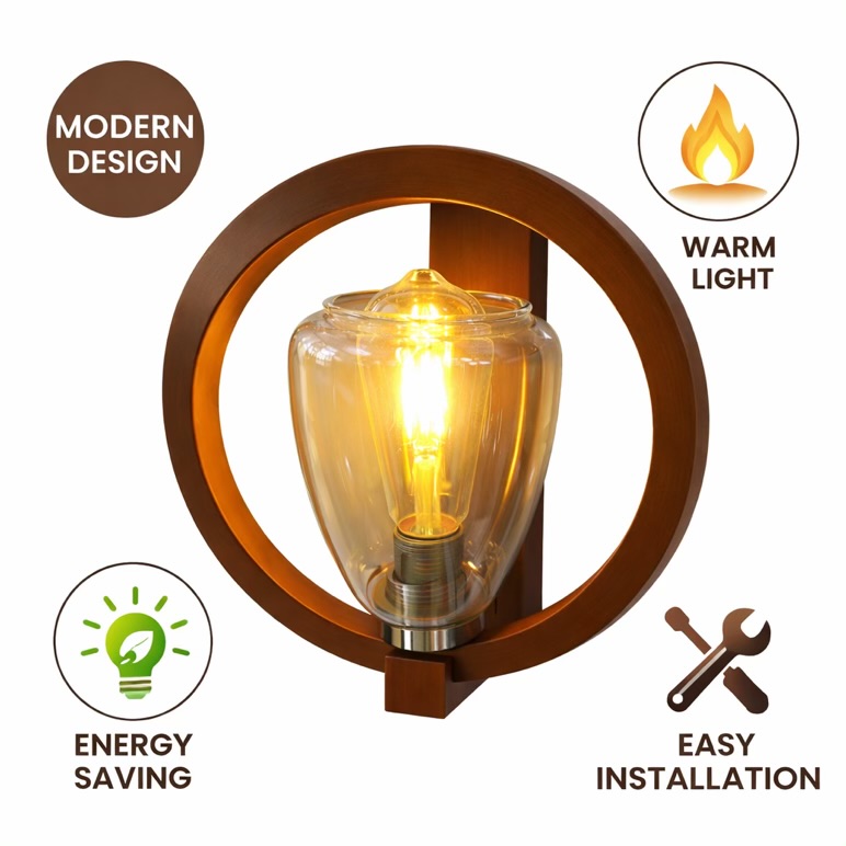 Modern Wooden Ring Wall Light With Glass Shade