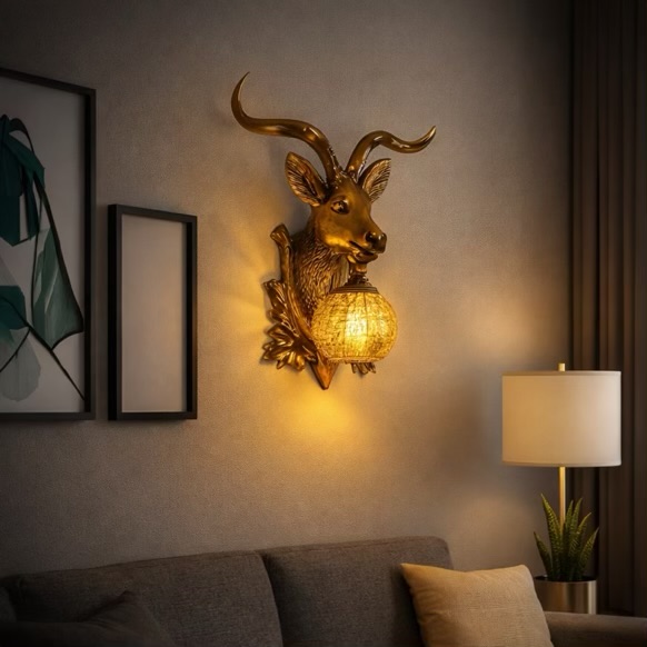 Golden Deer Head Animal Wall Light