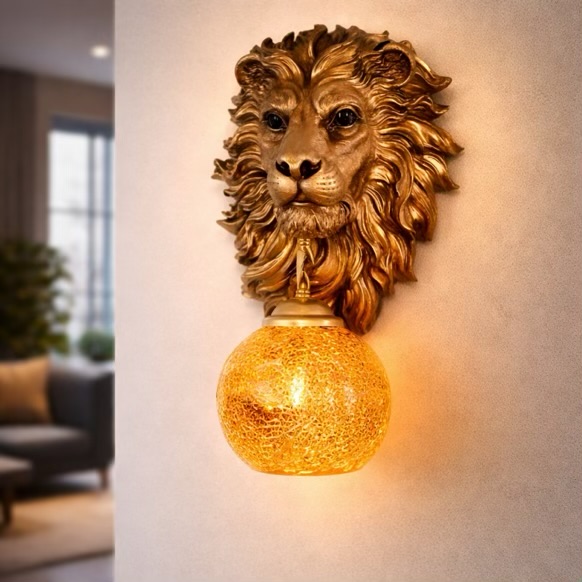 Lion Head Wall Light With Amber Glass