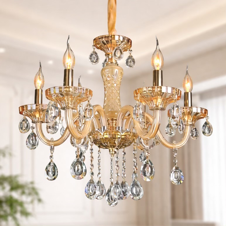 Elegant 6-Light Amber Crystal Chandelier