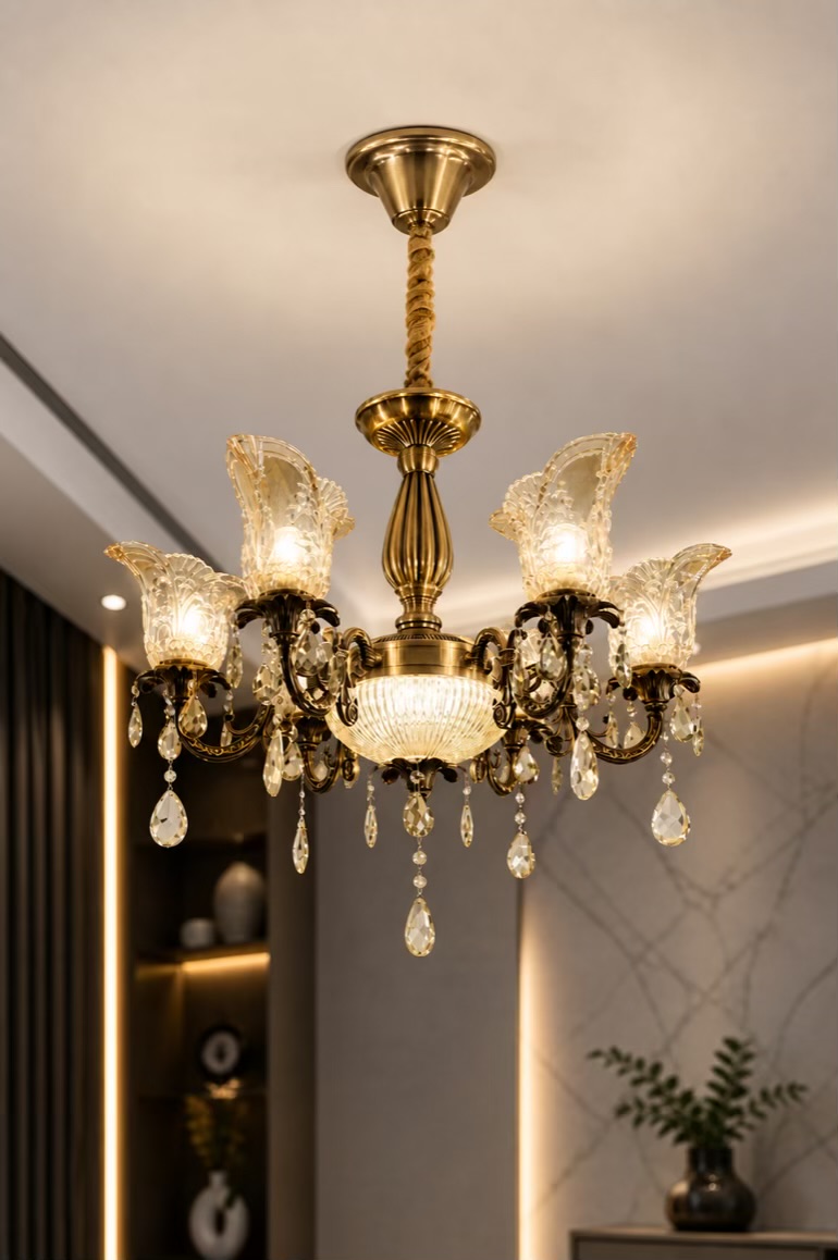 Chandelier Light 6 Arm Brass Finish