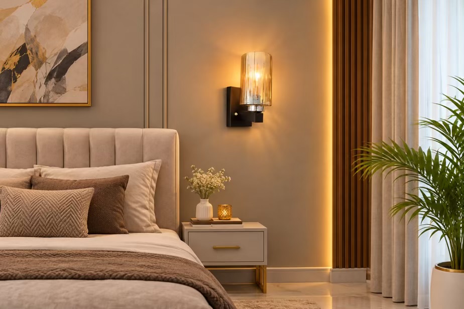 Wooden Amber Glass Wall Light