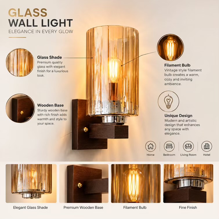 Wooden Amber Glass Wall Light